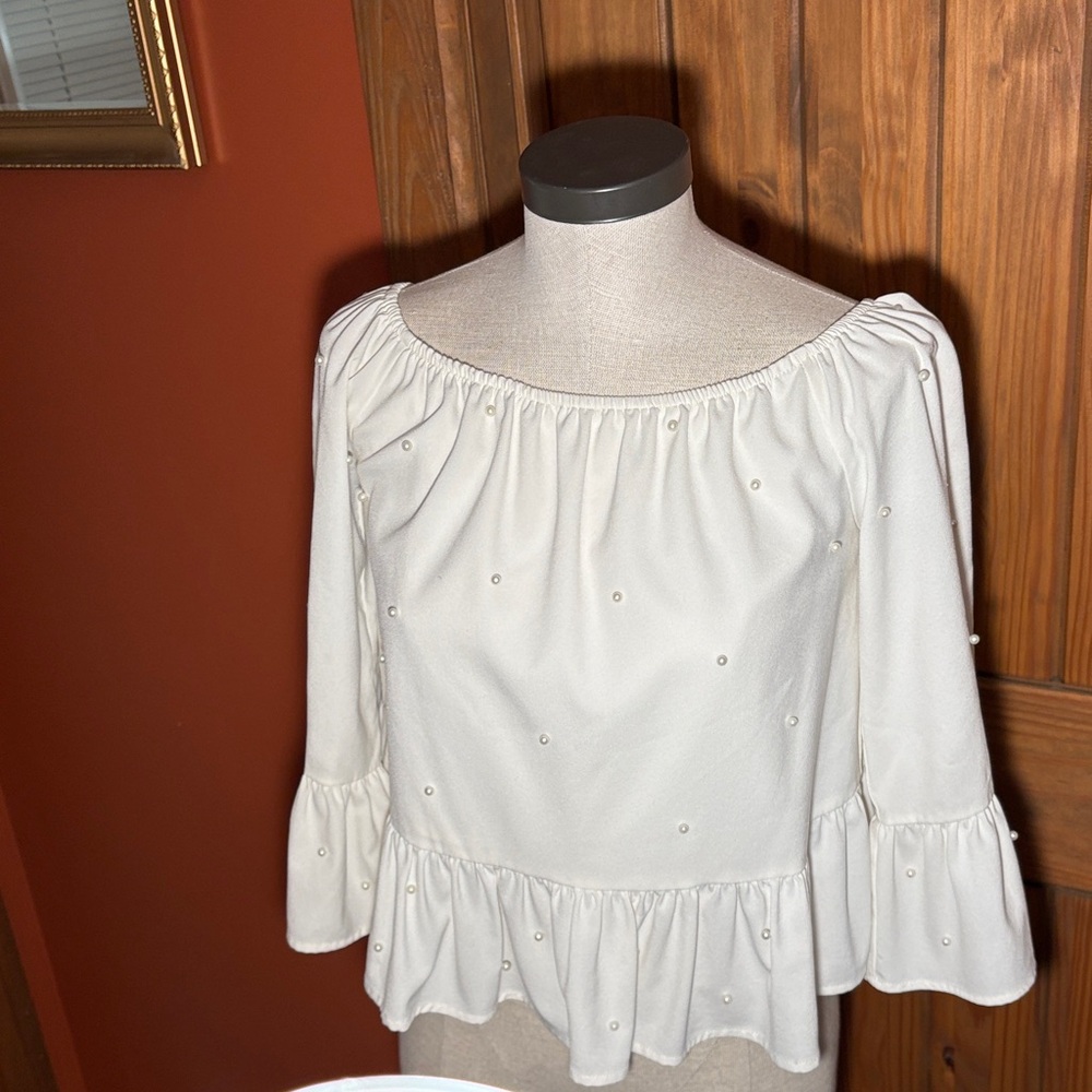 English Factory Cream Off-Shoulder Pearl-Embellished Peplum Blouse Size M
